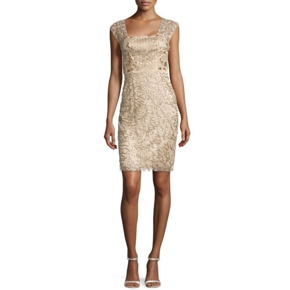 Sue Wong Nocturne Sheath Dress Size 2 Embroidered Mini Gold Champagne Holiday